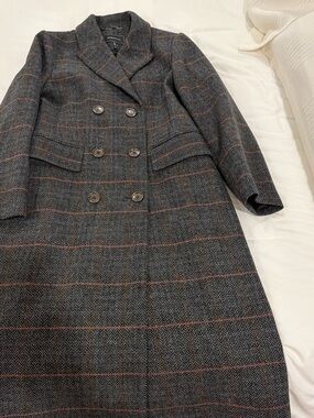 Wool-Blend Double-Breasted Plaid Coat - Charcoal with Subtle Red Windowpane